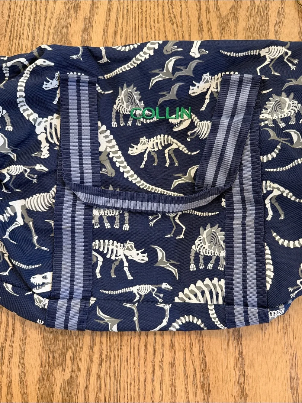 Pottery Barn Kids Navy Dinosaur Skeleton Toddler Duffel Bag embroidered name